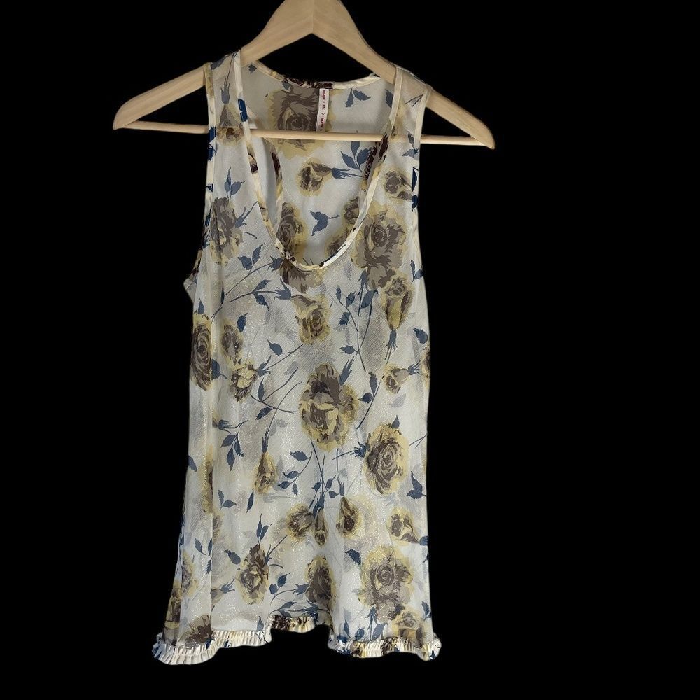 Tom K Nguyn Sheer Metallic Floral Tank Top Ruffle Trim Sz S